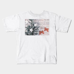 Christmas theme background in vintage tone. Rustic wood background for Christmas with copy space for all Christmas design. Pine branch. Top view. Flat layer Kids T-Shirt